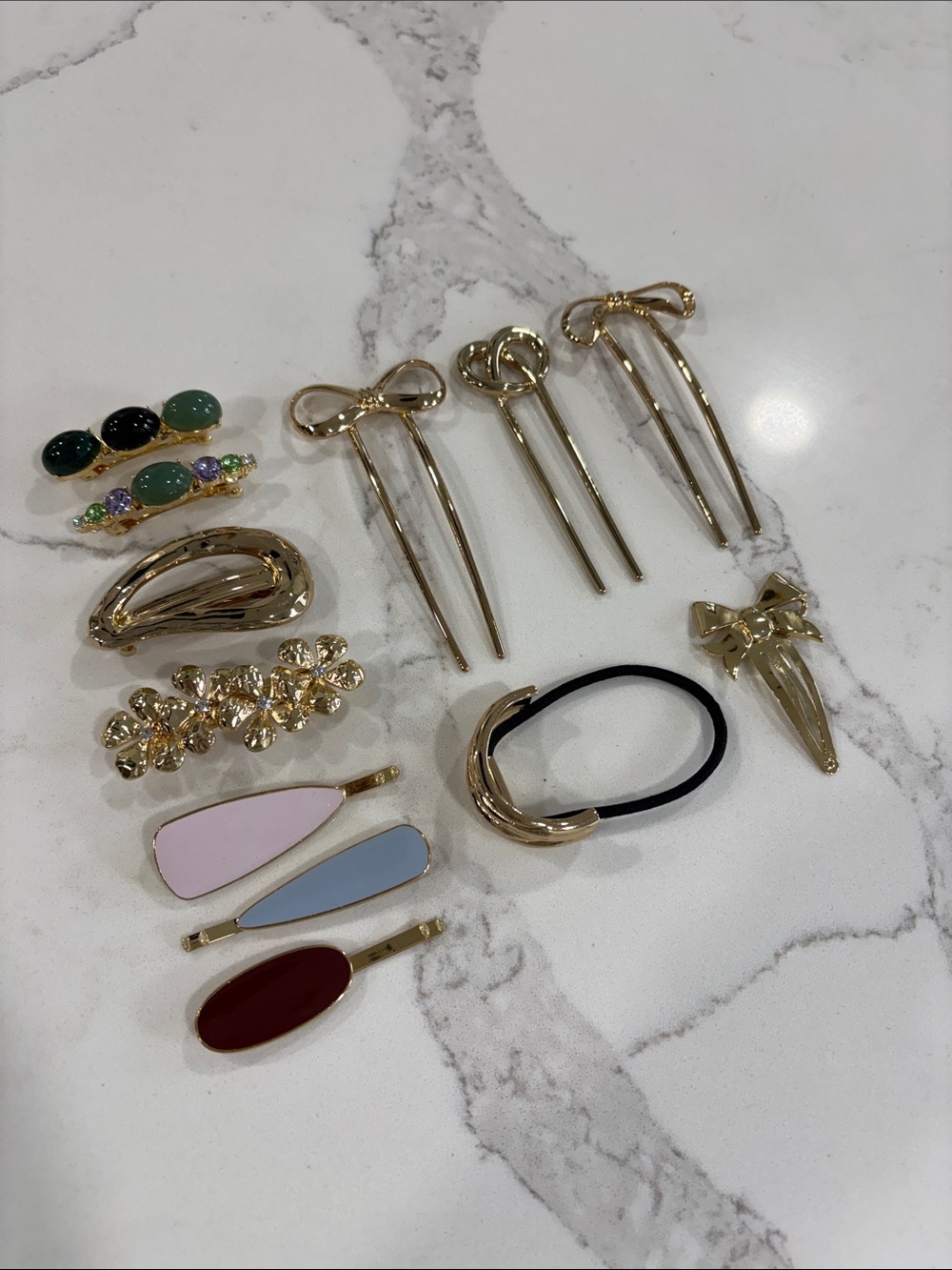 Gold-tone Mixed Hair Clip Set - Pink, Blue, Brown & Green Accents